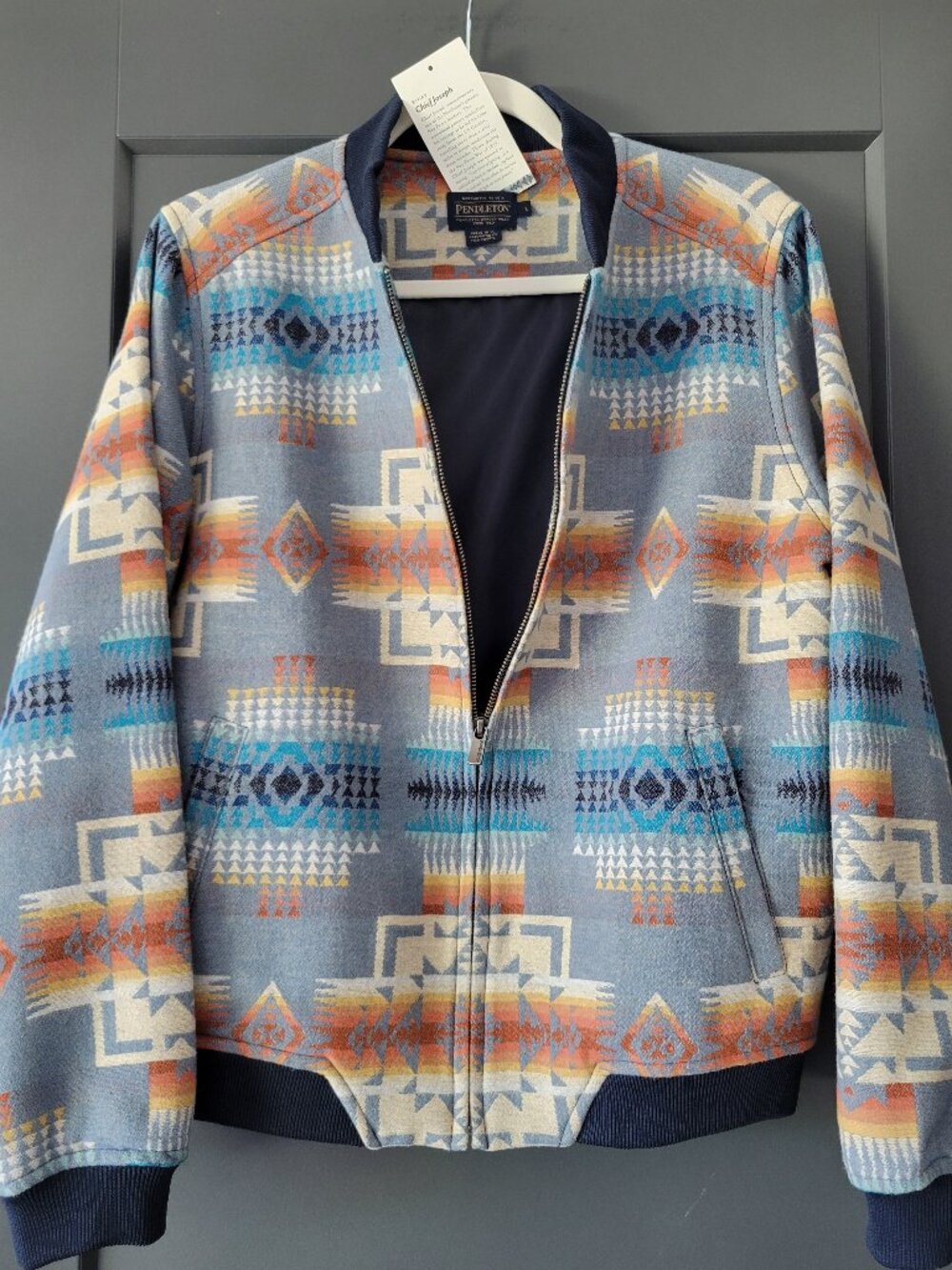 PENDLETON WOMEN'S WOOL BOMBER JACKET NWT L CHIEF JOSEPH PATTERN BLUE MULTI - Picture 3 of 13